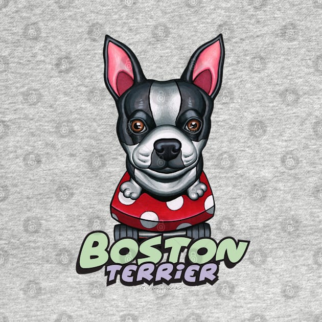 Cute adorable awesome Boston Terrier on Red Polka Dot Skateboard by Danny Gordon Art